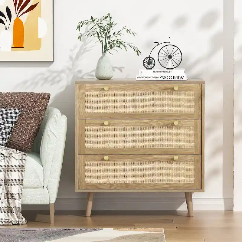 3-Drawer Rattan Dresser Modern Boho Chest of Drawers with Spacious Storage for Bedroom 3