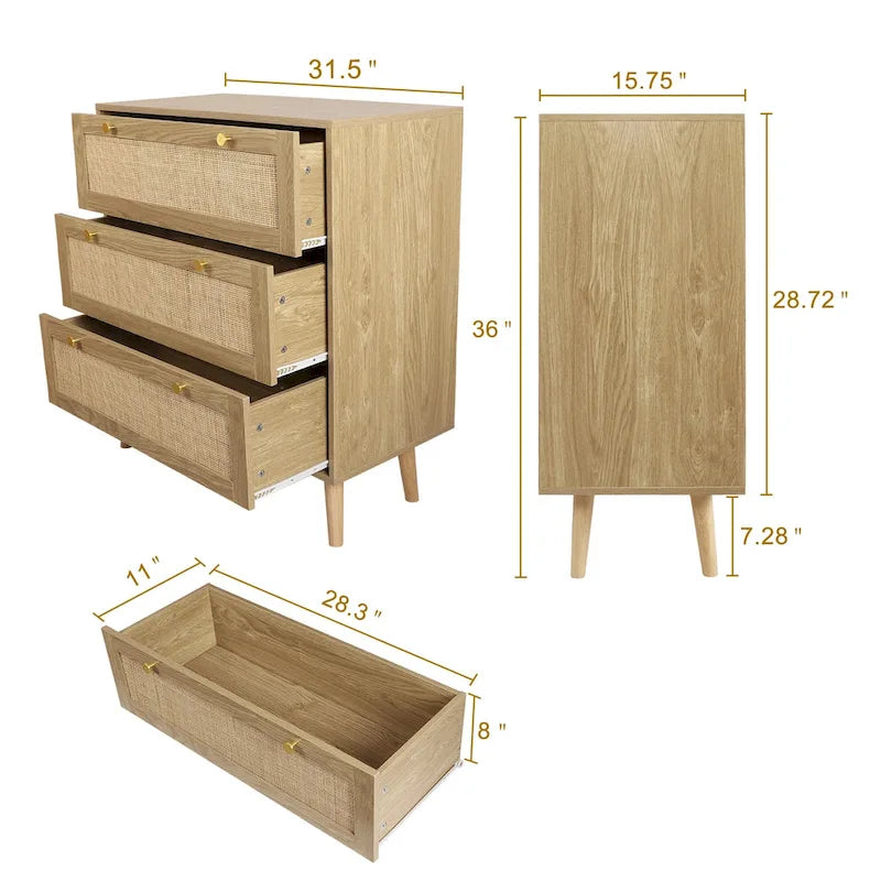3-Drawer Rattan Dresser Modern Boho Chest of Drawers with Spacious Storage for Bedroom 5