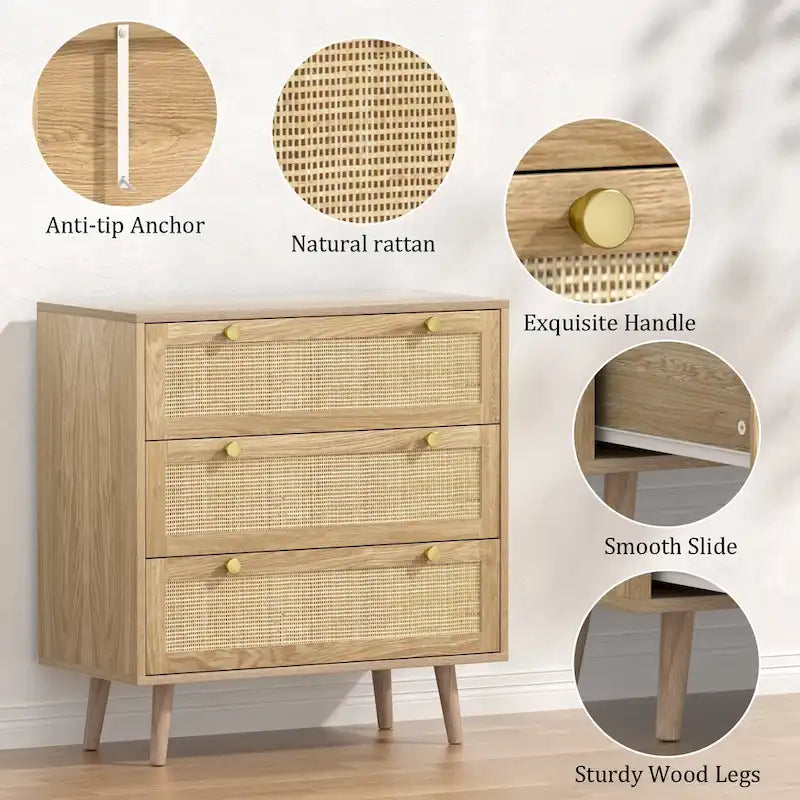 3-Drawer Rattan Dresser Modern Boho Chest of Drawers with Spacious Storage for Bedroom 6