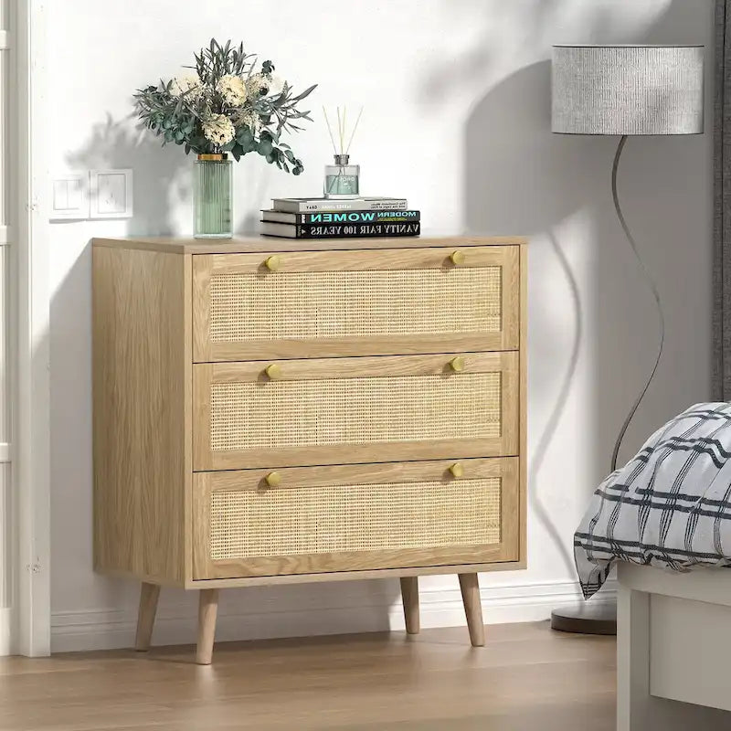 3-Drawer Rattan Dresser Modern Boho Chest of Drawers with Spacious Storage for Bedroom 10