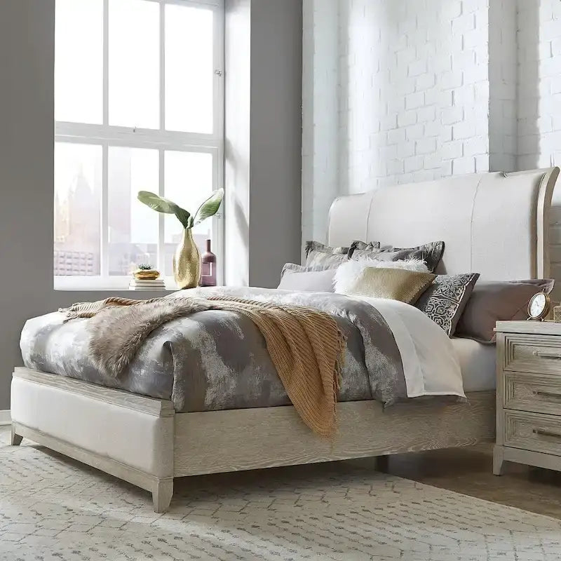 Belmar Washed Taupe & Silver Champagne King Upholstered Bed