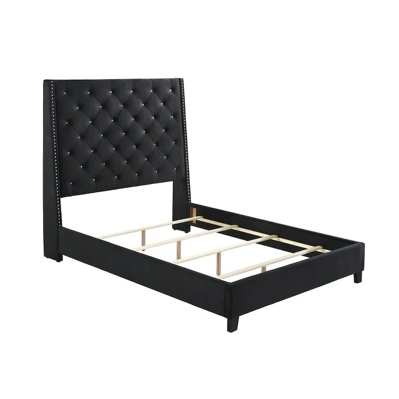 Maze Queen Size Bed, Button Tufted, Nailhead Trim, Black Fabric Upholstery