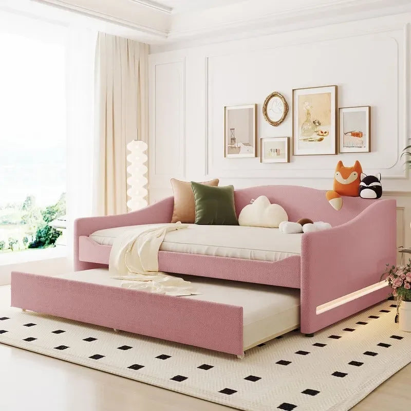 Teddy Fleece Full Size Upholstered Daybed with LED Light and Trundle 18