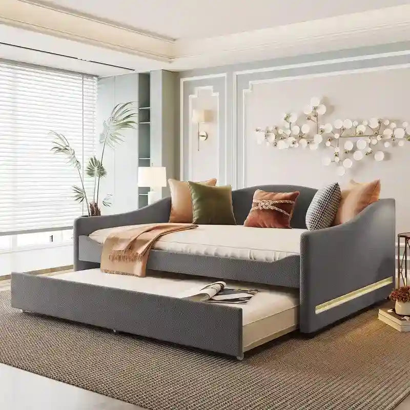 Teddy Fleece Full Size Upholstered Daybed with LED Light and Trundle 19