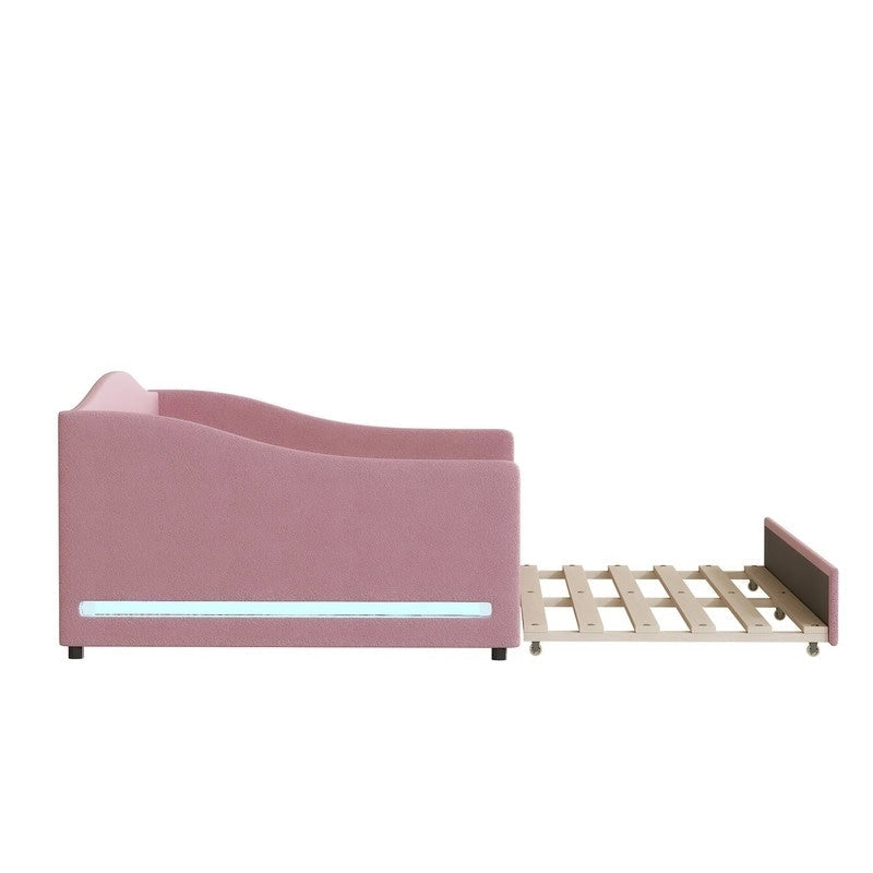 Teddy Fleece Full Size Upholstered Daybed with LED Light and Trundle 10