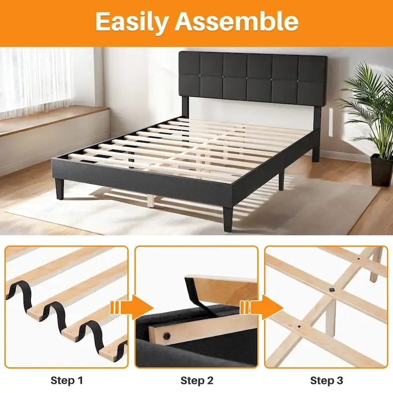 Bed Frame, Modern Platform Bed Frame with Adjustable Headboard, Geometric Upholstered Bed Frame 800LBS Sturdy Solid Wooden Slats 4