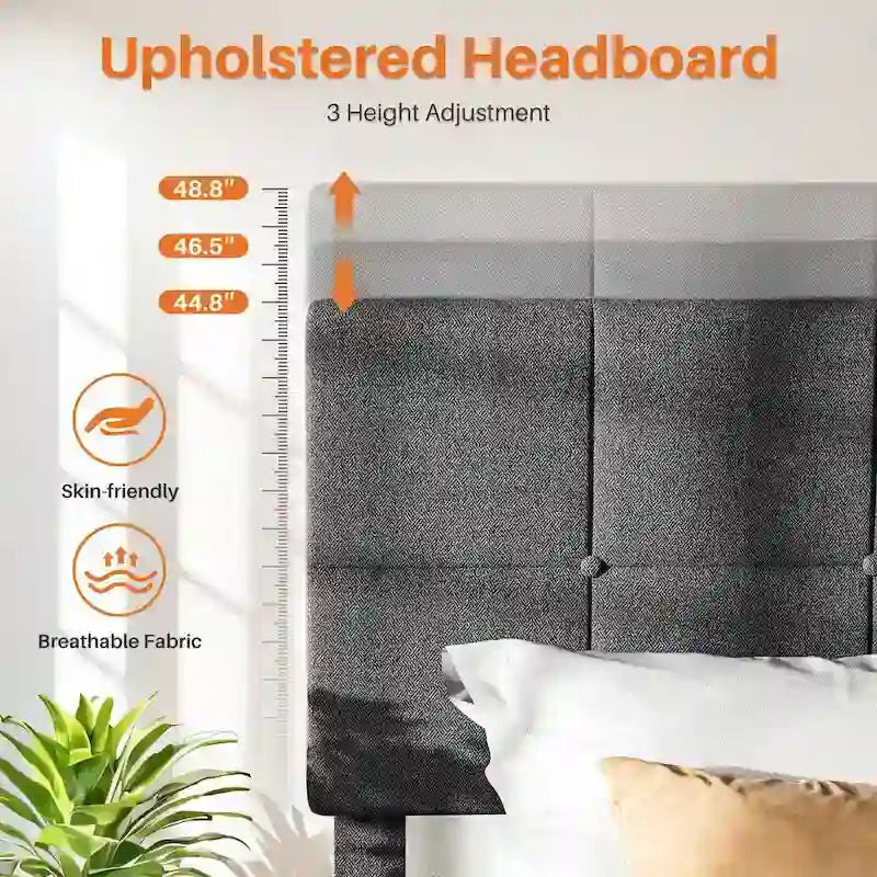 Bed Frame, Modern Platform Bed Frame with Adjustable Headboard, Geometric Upholstered Bed Frame 800LBS Sturdy Solid Wooden Slats 5