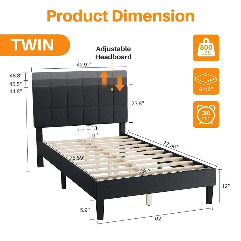 Bed Frame, Modern Platform Bed Frame with Adjustable Headboard, Geometric Upholstered Bed Frame 800LBS Sturdy Solid Wooden Slats 6
