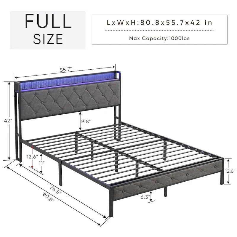 Full Bed Frame with Charging Station and LED Lights, Upholstered Platform Bed with Heavy Metal Slats, No Box Spring Needed 6