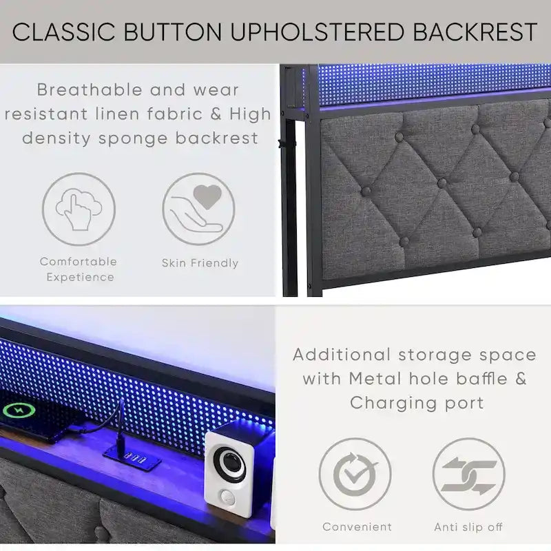 Full Bed Frame with Charging Station and LED Lights, Upholstered Platform Bed with Heavy Metal Slats, No Box Spring Needed 7