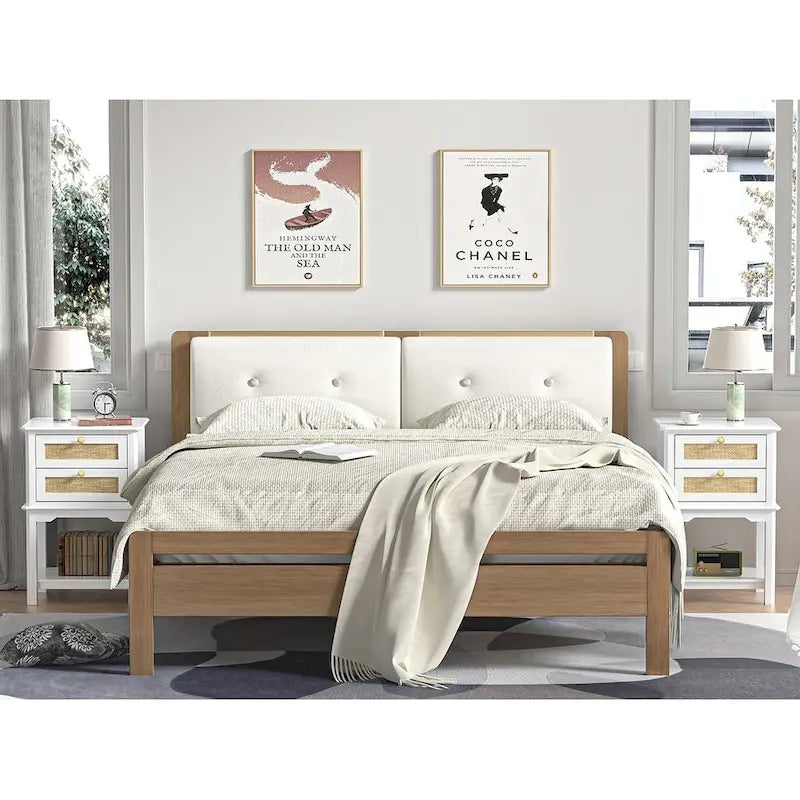 Modern 27.95H Tall 2-Drawer White Nightstand Wood Rattan Side End Table for Bedroom with Storage Shelf