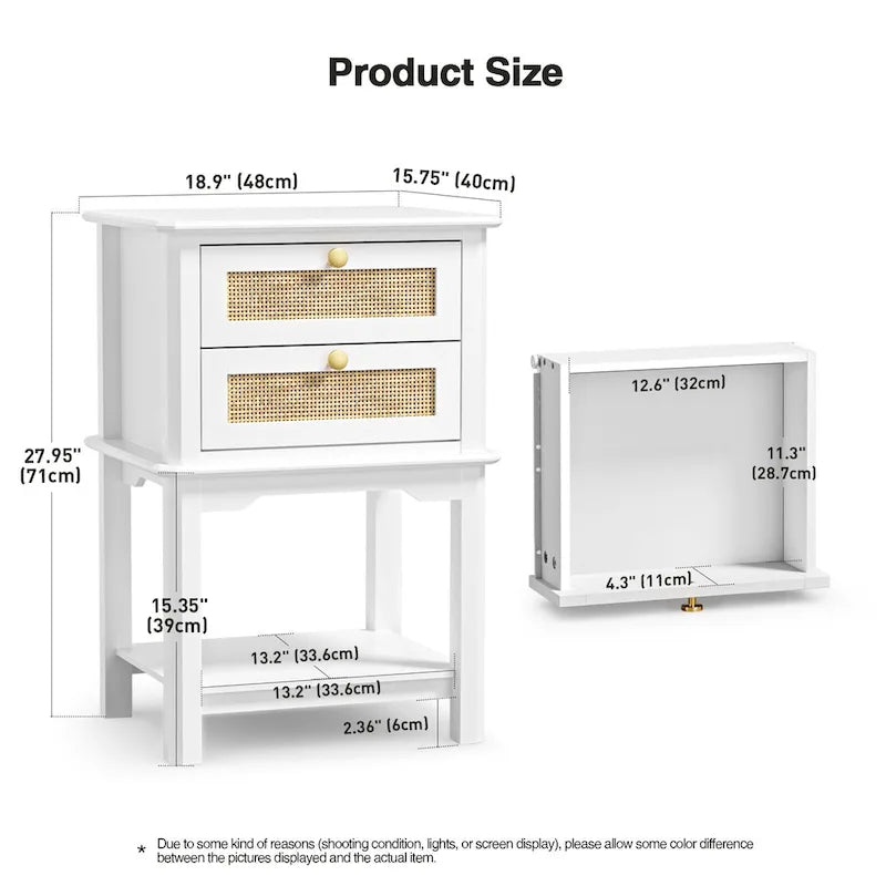 Modern 27.95H Tall 2-Drawer White Nightstand Wood Rattan Side End Table for Bedroom with Storage Shelf 2