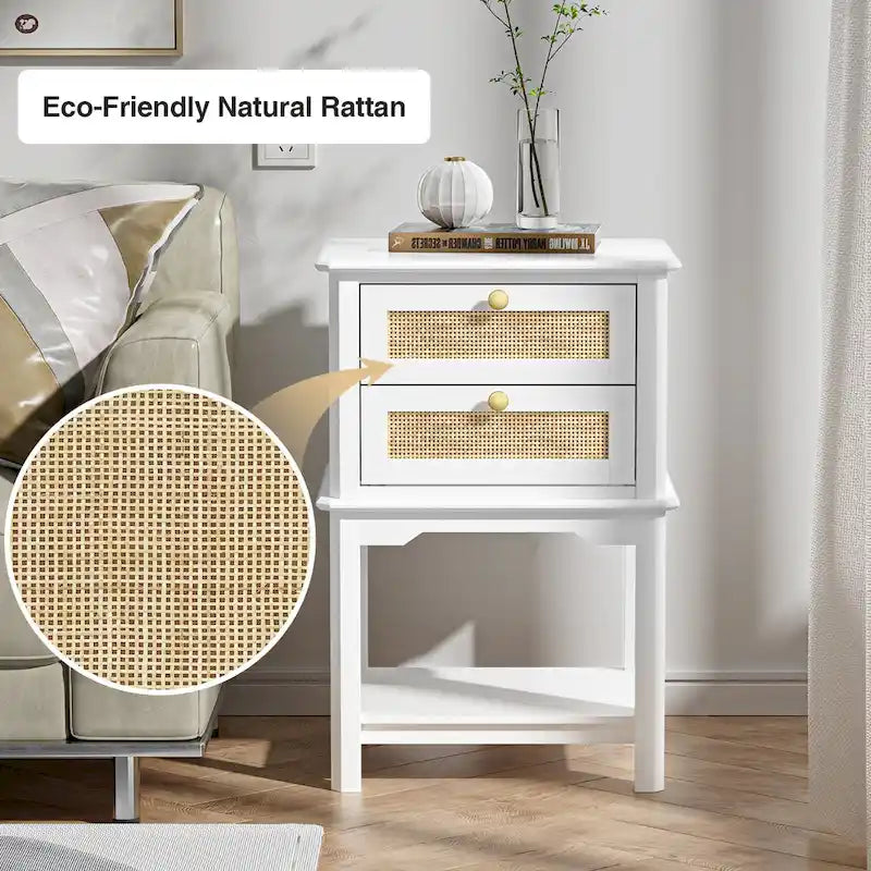 Modern 27.95H Tall 2-Drawer White Nightstand Wood Rattan Side End Table for Bedroom with Storage Shelf 3