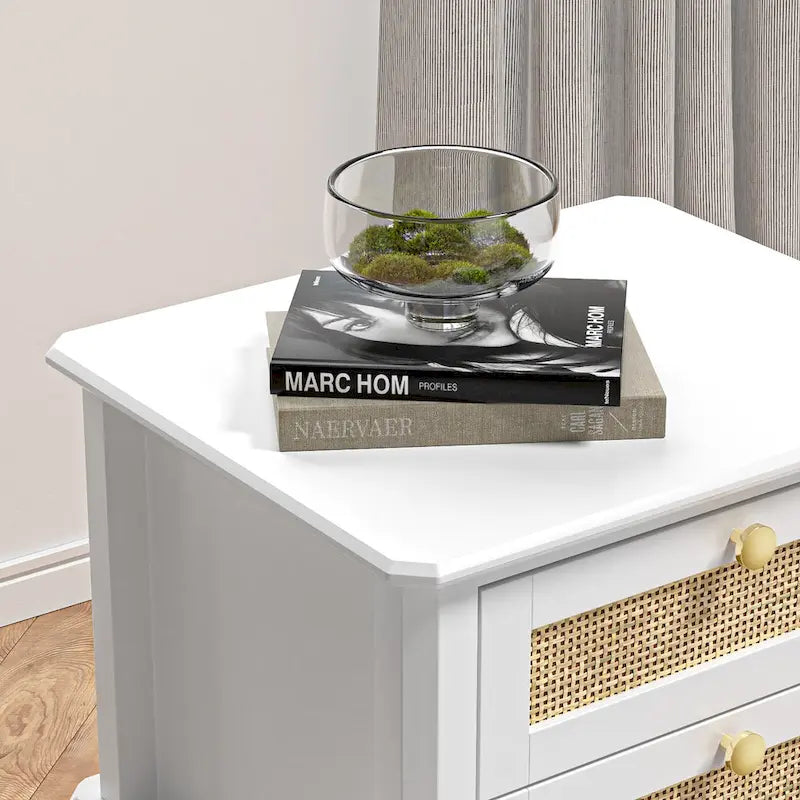 Modern 27.95H Tall 2-Drawer White Nightstand Wood Rattan Side End Table for Bedroom with Storage Shelf 4