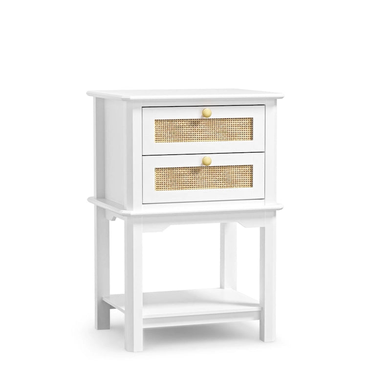 Modern 27.95H Tall 2-Drawer White Nightstand Wood Rattan Side End Table for Bedroom with Storage Shelf 6