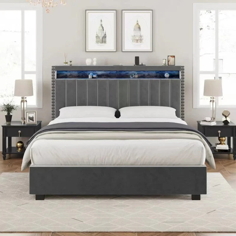 King Size Gas Lift Storage Bed with RF LED Lights, Storage Headboard, King Size Velvet 18