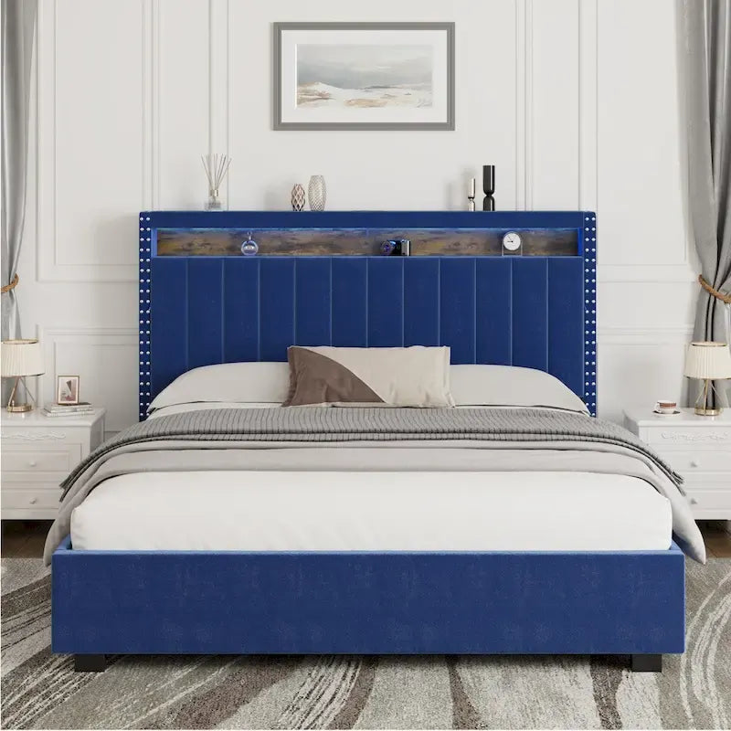 King Size Gas Lift Storage Bed with RF LED Lights, Storage Headboard, King Size Velvet 19
