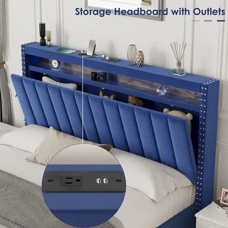 King Size Gas Lift Storage Bed with RF LED Lights, Storage Headboard, King Size Velvet 2