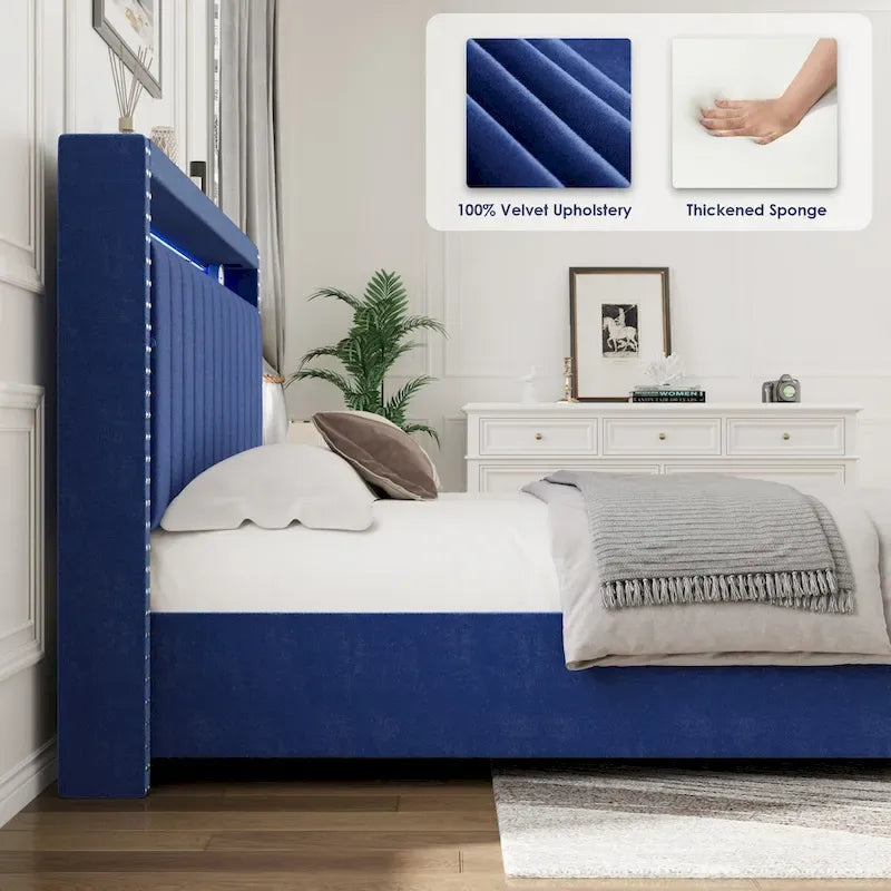 King Size Gas Lift Storage Bed with RF LED Lights, Storage Headboard, King Size Velvet 4