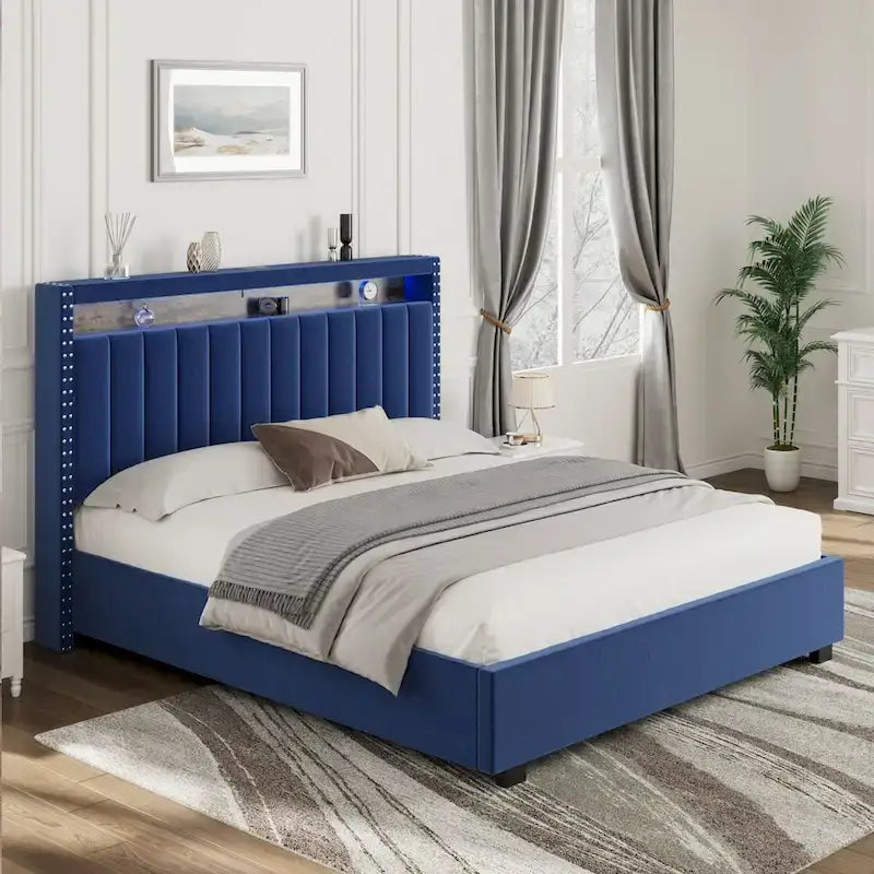 King Size Gas Lift Storage Bed with RF LED Lights, Storage Headboard, King Size Velvet 5