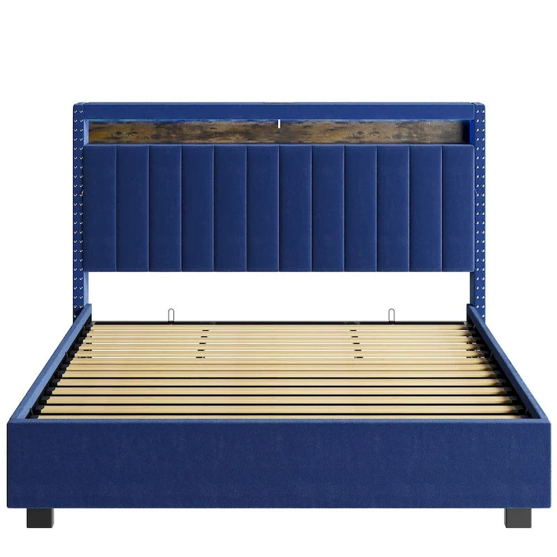 King Size Gas Lift Storage Bed with RF LED Lights, Storage Headboard, King Size Velvet 6