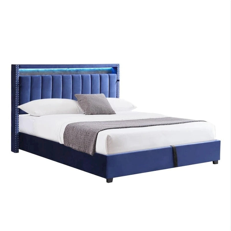 King Size Gas Lift Storage Bed with RF LED Lights, Storage Headboard, King Size Velvet 7