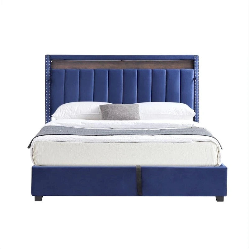 King Size Gas Lift Storage Bed with RF LED Lights, Storage Headboard, King Size Velvet 8