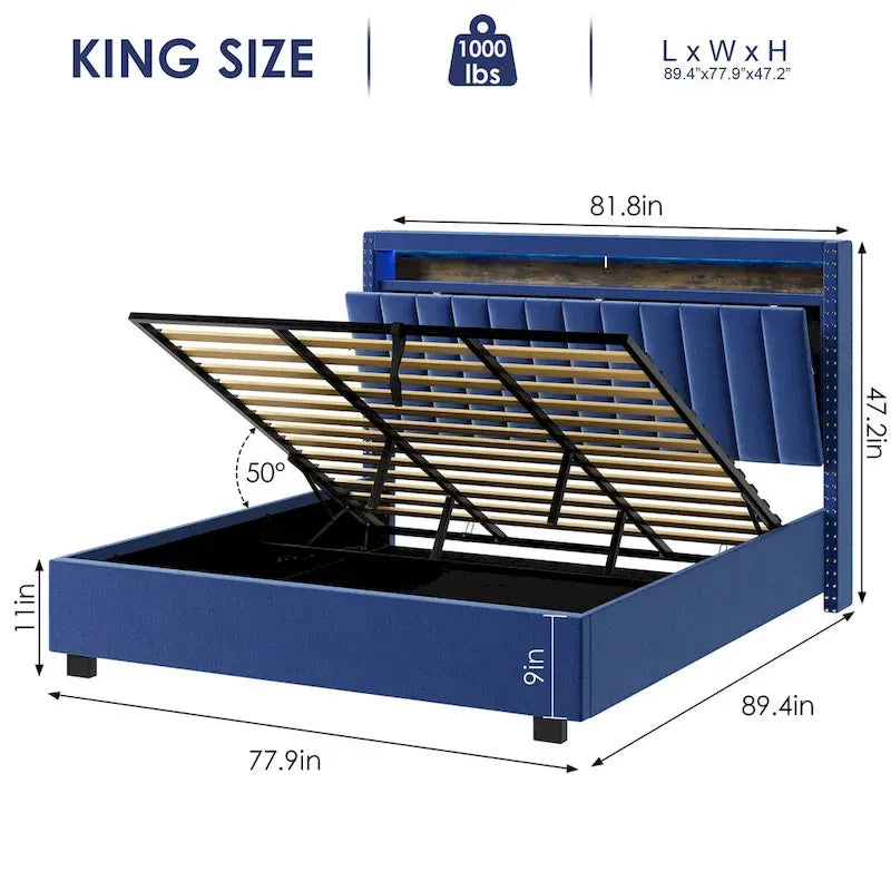 King Size Gas Lift Storage Bed with RF LED Lights, Storage Headboard, King Size Velvet 9