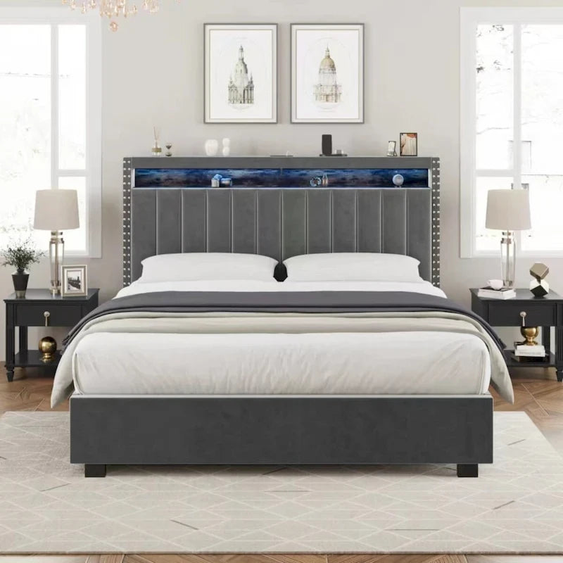 King Size Gas Lift Storage Bed with RF LED Lights, Storage Headboard, King Size Velvet 10