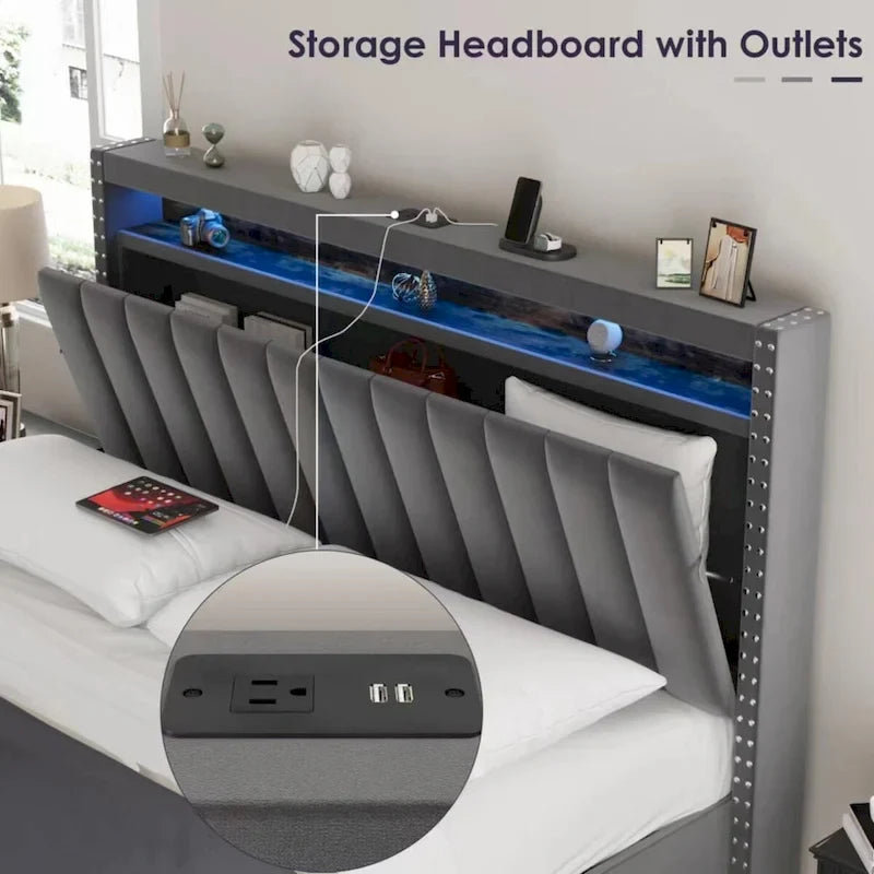 King Size Gas Lift Storage Bed with RF LED Lights, Storage Headboard, King Size Velvet 11