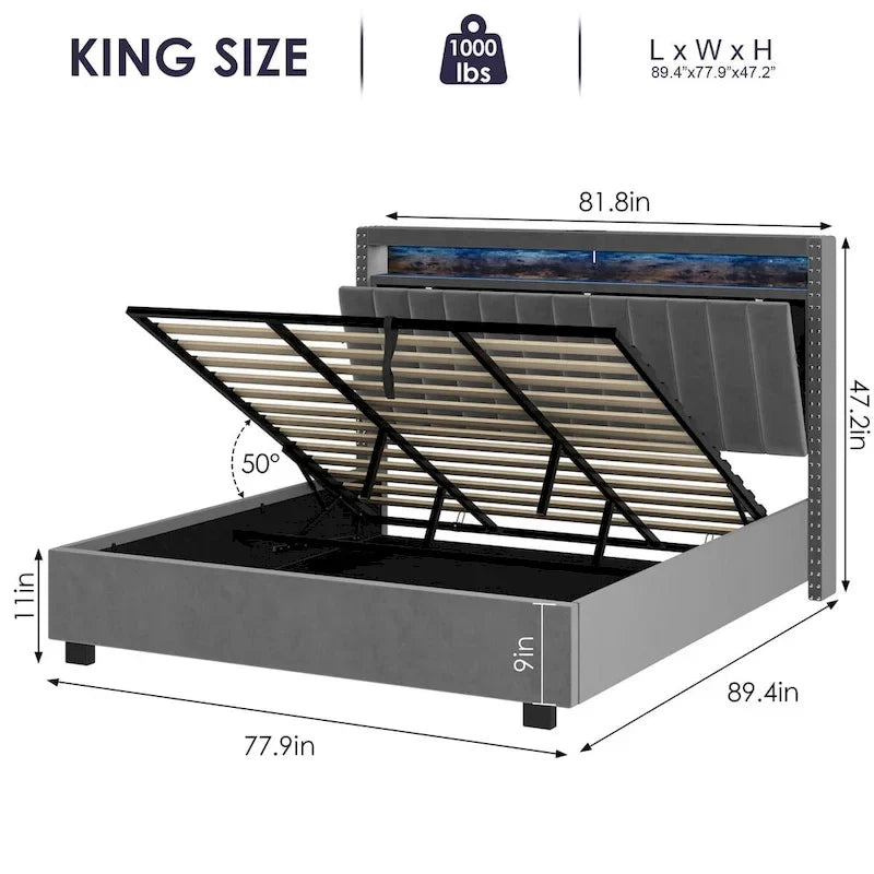 King Size Gas Lift Storage Bed with RF LED Lights, Storage Headboard, King Size Velvet 12