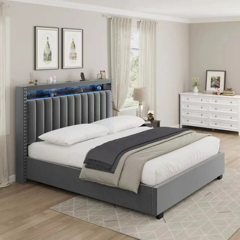 King Size Gas Lift Storage Bed with RF LED Lights, Storage Headboard, King Size Velvet 13