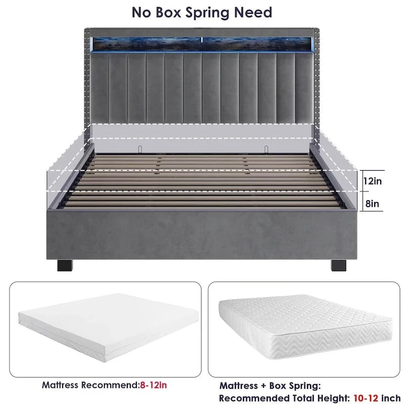 King Size Gas Lift Storage Bed with RF LED Lights, Storage Headboard, King Size Velvet 14