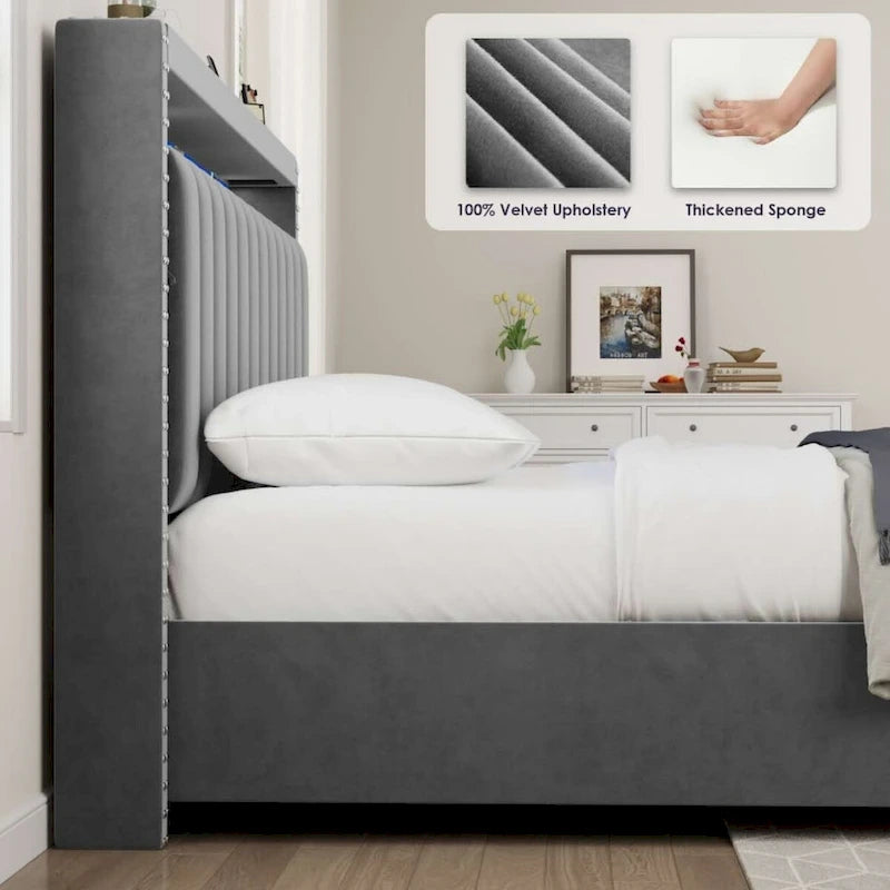 King Size Gas Lift Storage Bed with RF LED Lights, Storage Headboard, King Size Velvet 15