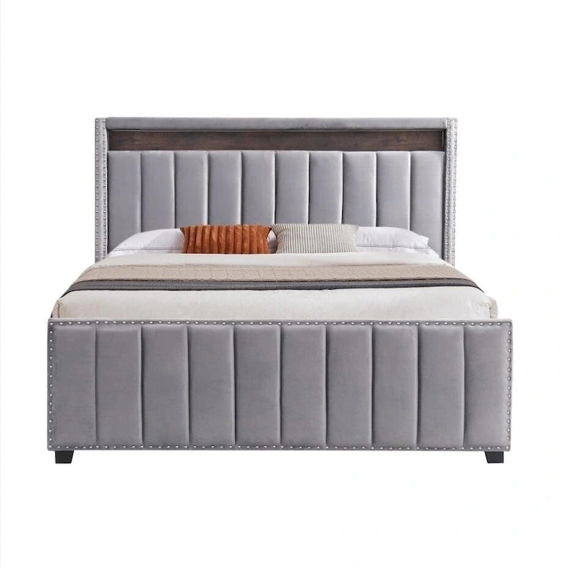 King Size Gas Lift Storage Bed with RF LED Lights, Storage Headboard, King Size Velvet 16