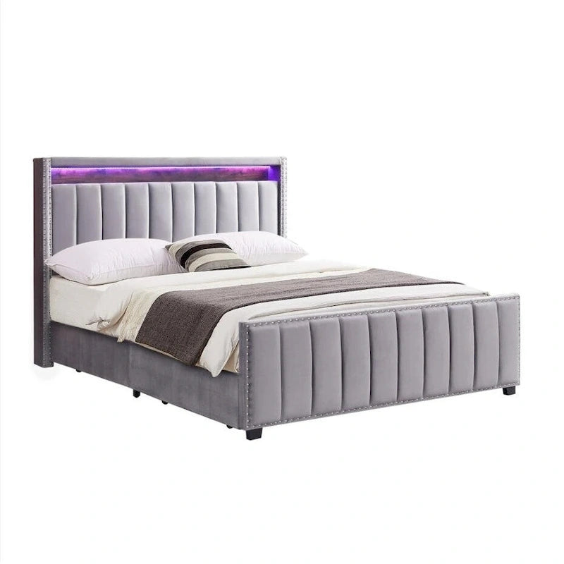 King Size Gas Lift Storage Bed with RF LED Lights, Storage Headboard, King Size Velvet 17