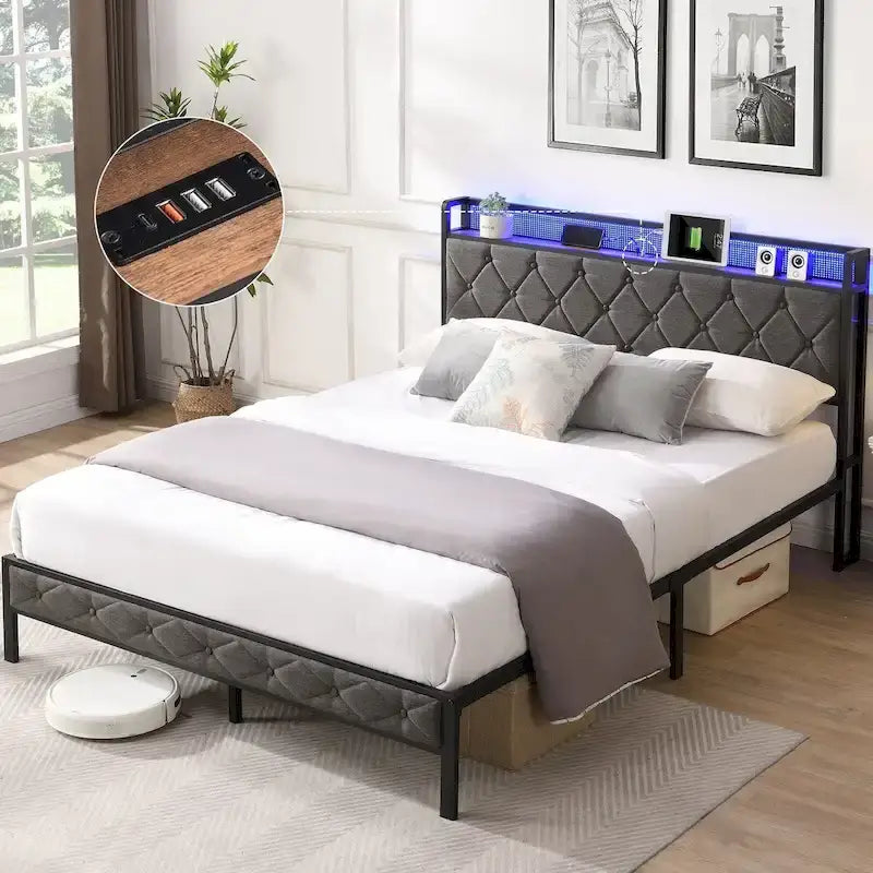 Queen Bed Frame with Charging Station and LED Lights, Upholstered Platform Bed with Heavy Metal Slats, No Box Spring Needed 8