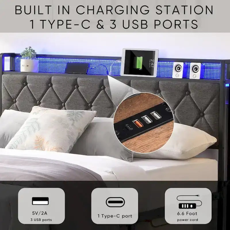 Queen Bed Frame with Charging Station and LED Lights, Upholstered Platform Bed with Heavy Metal Slats, No Box Spring Needed 2