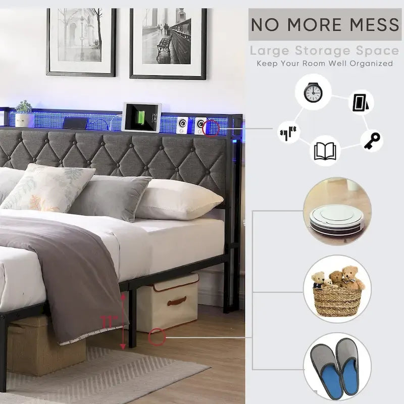 Queen Bed Frame with Charging Station and LED Lights, Upholstered Platform Bed with Heavy Metal Slats, No Box Spring Needed 3