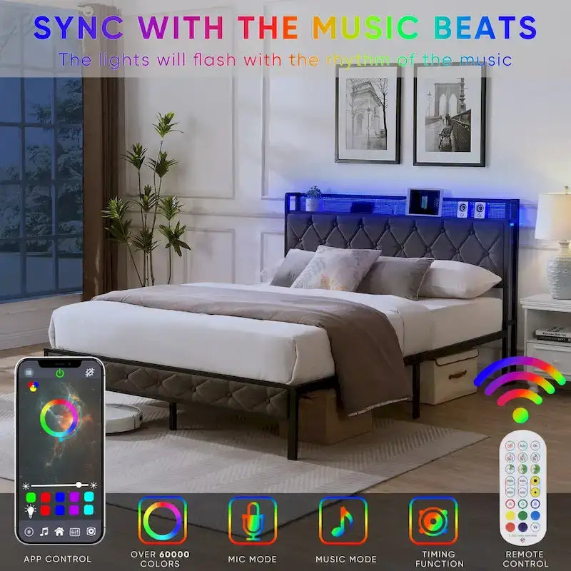Queen Bed Frame with Charging Station and LED Lights, Upholstered Platform Bed with Heavy Metal Slats, No Box Spring Needed 4