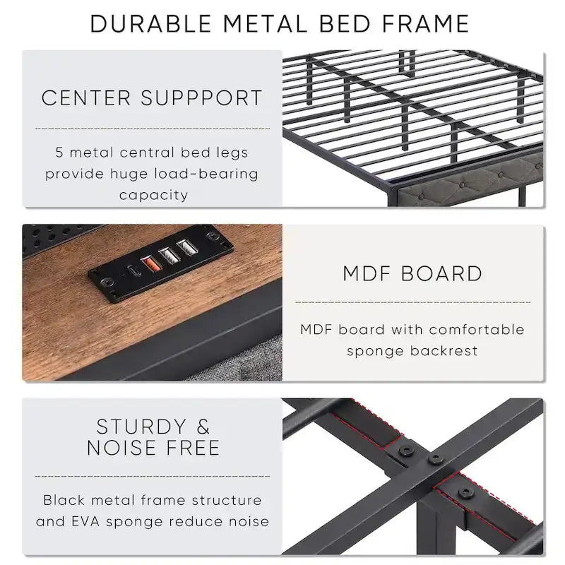 Queen Bed Frame with Charging Station and LED Lights, Upholstered Platform Bed with Heavy Metal Slats, No Box Spring Needed 5
