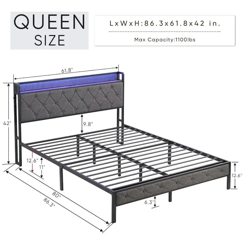 Queen Bed Frame with Charging Station and LED Lights, Upholstered Platform Bed with Heavy Metal Slats, No Box Spring Needed 6