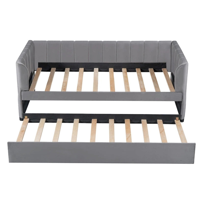 Twin Size Upholstered Daybed with Ergonomic Design Backrest and Trundle 5