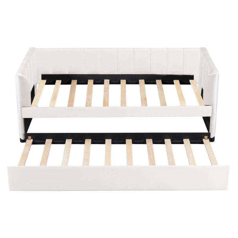 Twin Size Upholstered Daybed with Ergonomic Design Backrest and Trundle 11