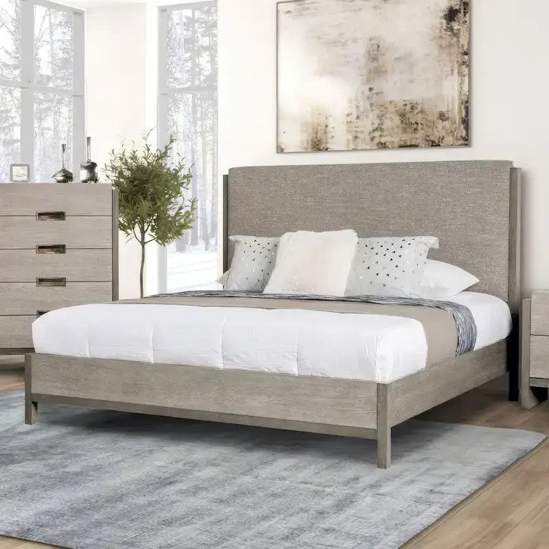 Set camera da letto Furniture of America Cruz contemporaneo grigio in legno massello 6 pezzi: letto, 2 comodini, cassettiera, comò e specchio 5