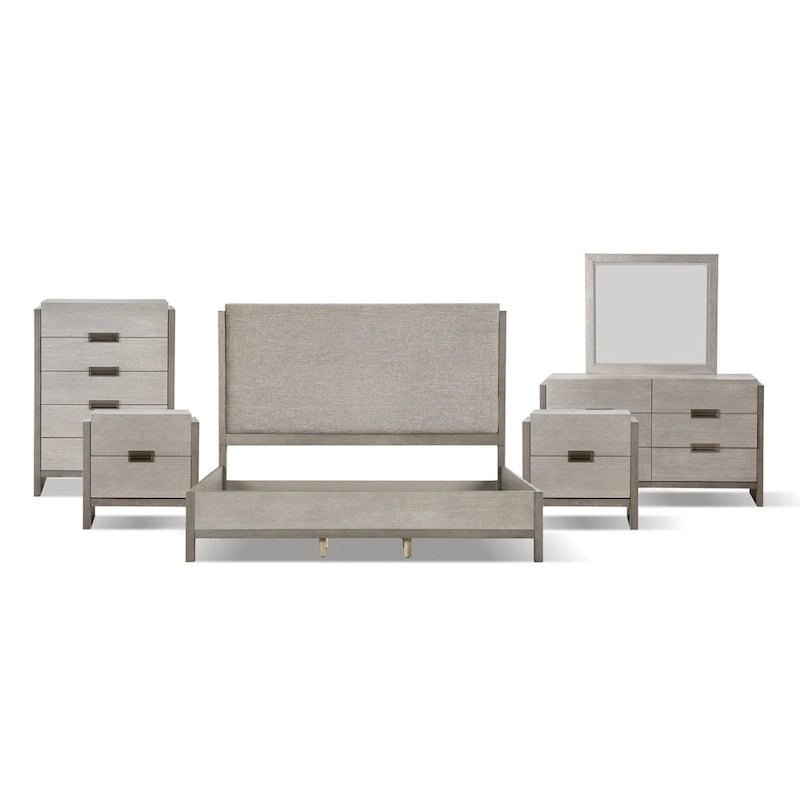 Set camera da letto Furniture of America Cruz contemporaneo grigio in legno massello 6 pezzi: letto, 2 comodini, cassettiera, comò e specchio 9