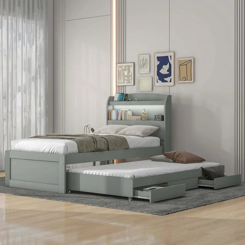 Twin XL Size Platform Bed with LED Headboard and Twin Trundle