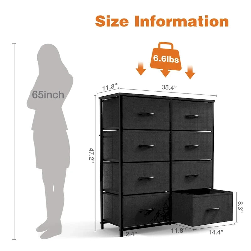 Bedroom Storage with 8 Drawers Tall Dresser & Chest of Drawers Fabric Dresser with Wood Top and Sturdy Steel Frame 7