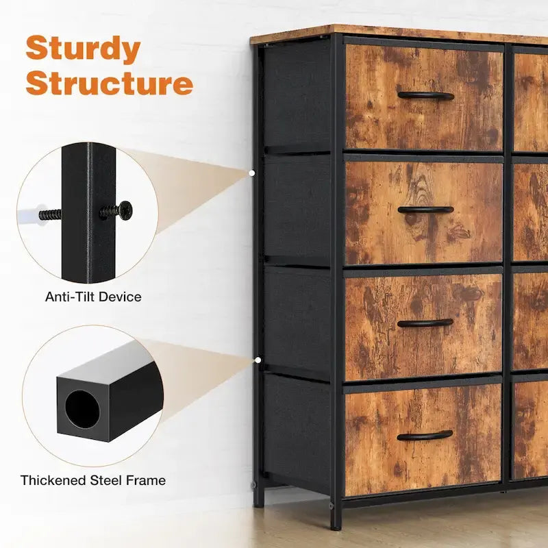 Bedroom Storage with 8 Drawers Tall Dresser & Chest of Drawers Fabric Dresser with Wood Top and Sturdy Steel Frame 11