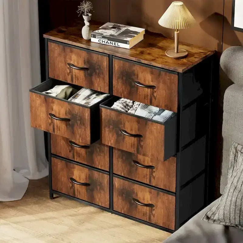 Bedroom Storage with 8 Drawers Tall Dresser & Chest of Drawers Fabric Dresser with Wood Top and Sturdy Steel Frame 13